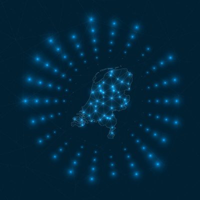 Netherlands digital map. Glowing rays radiating from the country. Network connections and telecommunication design. Vector illustration.